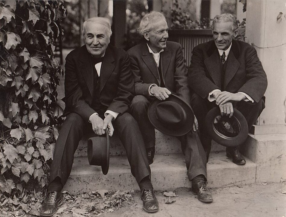 Thomas Edison, Luther Burbank, and Henry Ford seated on steps during their 1915 California trip